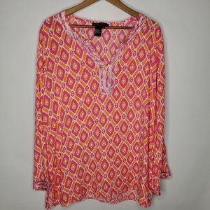 Twiggy London Womens Pink Geometric Tunic Top Size XL Notch Neck Long Sleeve
